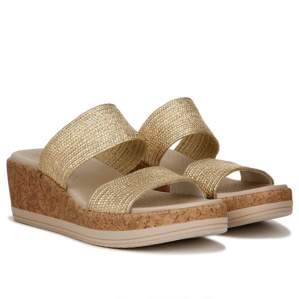 BZees Gold Cork Platform Wedge Sandals Double Strap Size 6.5